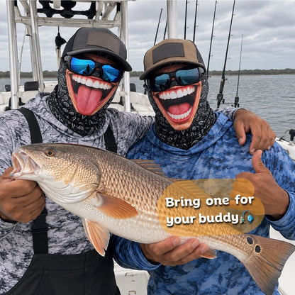 Two anglers in Grinwear Tongue Out and Belly Laugh funny face balaclavas holding a redfish on a boat