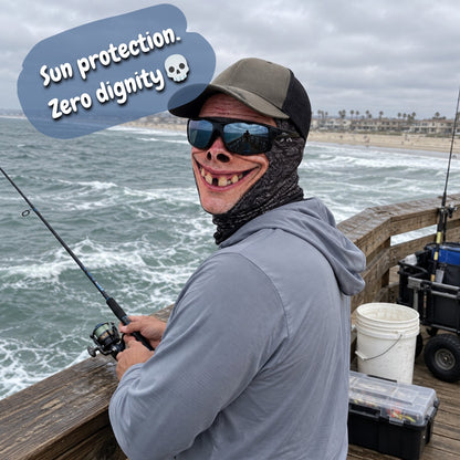 Grinwear Flared Nostrils funny face balaclava worn while pier fishing